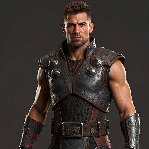 Photograph of a muscular, dark-haired man with a stern expression, wearing black, metallic, armored sleeveless vest and gloves, against a dark background