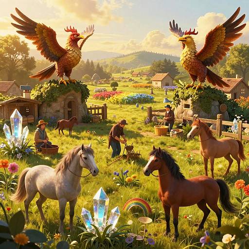 Fantastical digital painting of a vibrant, sunlit meadow with two majestic, phoenix-like birds, two horses, colorful flowers, crystal formations,
