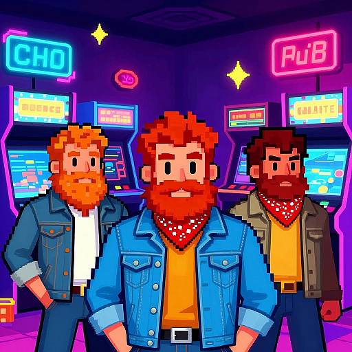 Pixel art of three bearded men with red, orange, and brown hair, wearing denim jackets and bandanas, in a neon-lit arcade.