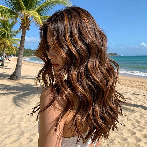 Photograph of a woman with long, wavy, brown hair with blonde highlights, wearing a white top, on a sunny beach with palm trees and