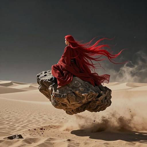 Digital art: Red-haired woman in flowing red robe, sitting on a floating, ornate rock, against a dark sky over a sandy desert.