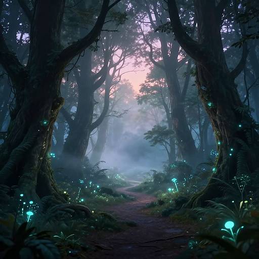 Magical forest path at dusk, illuminated by glowing blue fireflies, surrounded by misty, towering trees, with a pink-purple sky peeking through