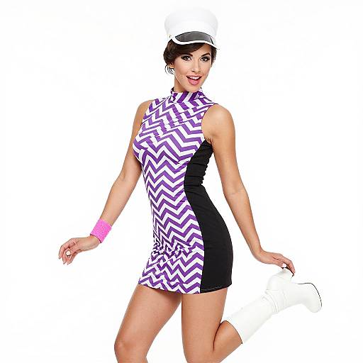 Photograph of a smiling woman in a purple and black chevron-patterned sleeveless dress, white cap, pink wristband, kneeling on one knee