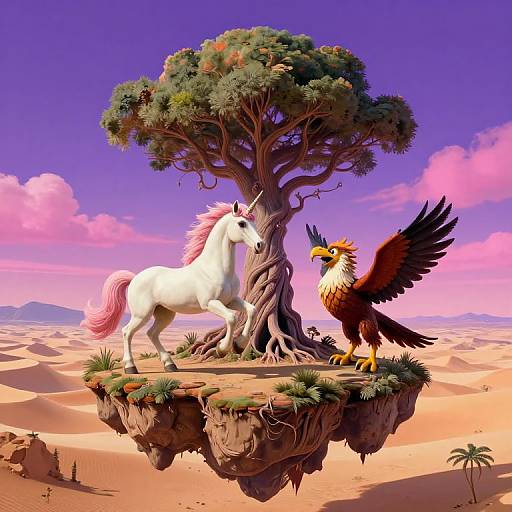 Fantastical digital artwork: White unicorn with pink mane and horn stands beside a brown, golden-feathered gryphon under a large tree on