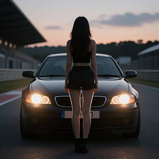 Photograph of a woman in a black crop top and shorts standing in front of a car with headlights on, silhouetted against a twilight sky