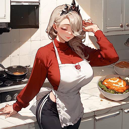 Digital anime-style drawing of a blonde woman with cat ears, red sweater, white apron, and black pants, cooking in a bright kitchen.