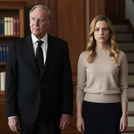 Photograph of an elderly man in a black suit and tie standing beside a young woman with wavy blonde hair in a beige sweater and black skirt,