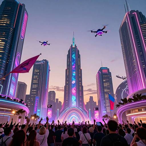 Neon-lit futuristic cityscape at dusk with towering skyscrapers, glowing advertisements, flying drones, and a crowd of people in the foreground.