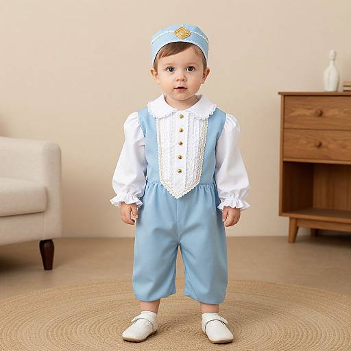 Photorealistic CGI of a cute baby boy in blue outfit, white shirt, and cap, standing in a beige room with wooden dresser and white chair