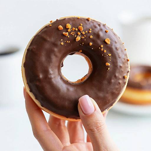 Close-up photograph of a hand holding a chocolate-glazed donut with sprinkles, showcasing a pink nail against a bright background.