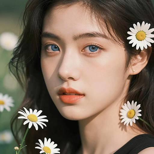 Radiant Woman with Daisies in Sunlight