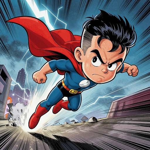Digital comic-style drawing of a determined, black-haired boy in a blue superhero suit, red cape, and boots, leaping through a lightning-filled,
