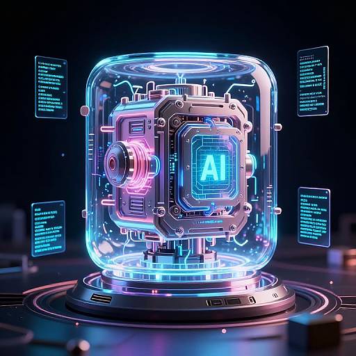 Digital CGI of a neon-lit, futuristic, encased robotic device with glowing blue 
