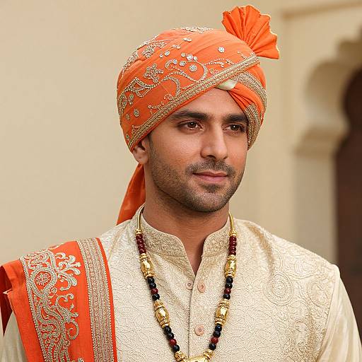 Photograph of a South Asian man with medium skin tone, wearing an orange turban, white embroidered shirt, and orange sash with intricate patterns,