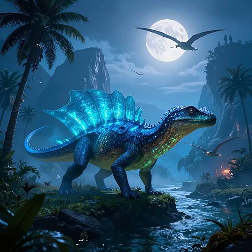 Digital artwork of a glowing blue, bioluminescent dinosaur with spiked back, standing in a moonlit jungle beside a stream, surrounded by palm trees