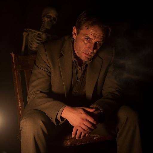 Photograph of a pensive man in a brown suit, dimly lit with a shadowy skeleton behind him, hands clasped, intense gaze.
