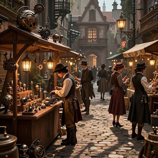 Victorian-era steampunk market street at dusk, cobblestone path, lanterns glowing, vendors in period clothing, customers browsing antique gadgets,