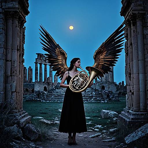 Woman with Phoenix Wings Playing French Horn at Ancient Ruins