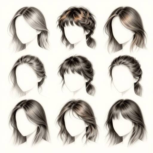 Digital illustration of twelve white faceless heads with varying black and brown wavy hairstyles, arranged in a 3x4 grid.