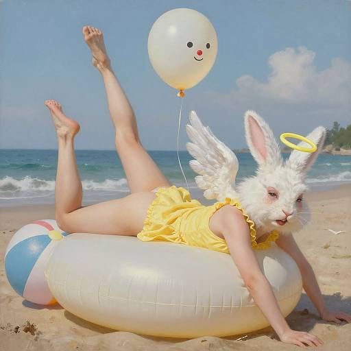 Photograph of a woman with white bunny ears, yellow halo, and angel wings, lying on a beach inflatable, holding a balloon with a cute face
