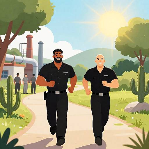 Joyful Men Escaping to Sunlit Countryside