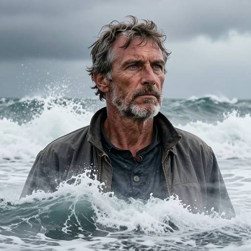Photograph of a weathered, gray-haired man with a beard standing in turbulent ocean waves, wearing a dark jacket and looking solemnly into the distance