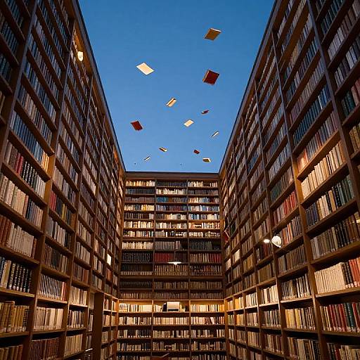 Photograph of a dimly lit, expansive library with tall, book-filled shelves converging to a central point, illuminated by warm lights, against a