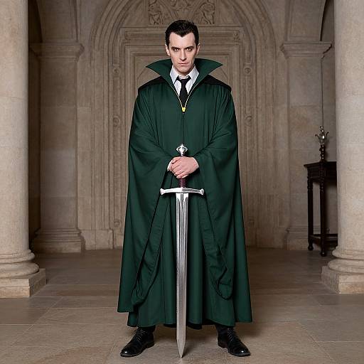 Photograph of a serious, dark-haired man in a black medieval cloak holding a sword, standing in an ornate stone hallway.