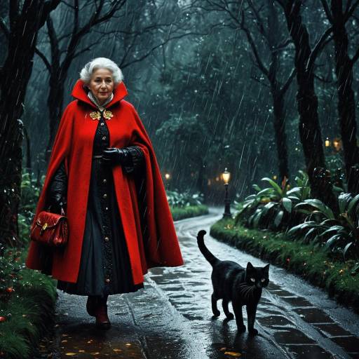 Elderly Woman and Cat in Enchanted Rain