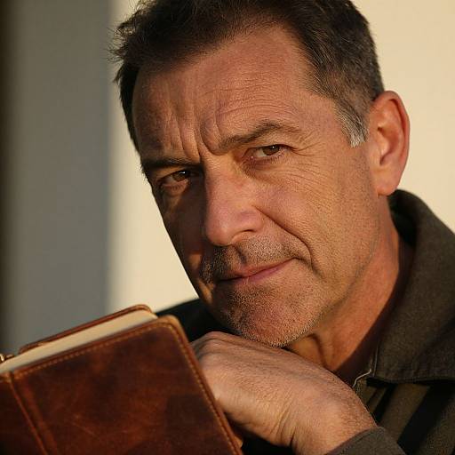 Photograph of a middle-aged man with short gray hair and stubble, wearing a dark jacket, reading a brown leather book, smiling subtly. Warm