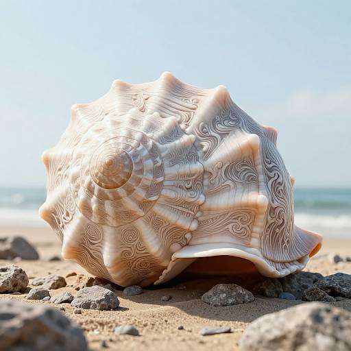 Photograph of a large, intricately patterned conch shell with swirling brown and white textures, resting on a sunlit sandy beach with small rocks