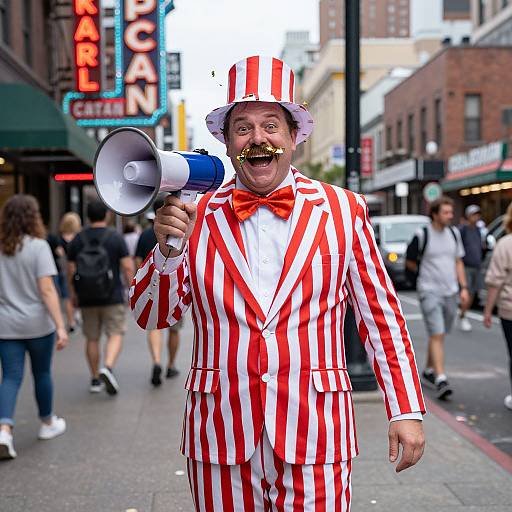 Photograph of a man in a red and white striped suit, bow tie, and hat, holding a blue and white megaphone, shouting on