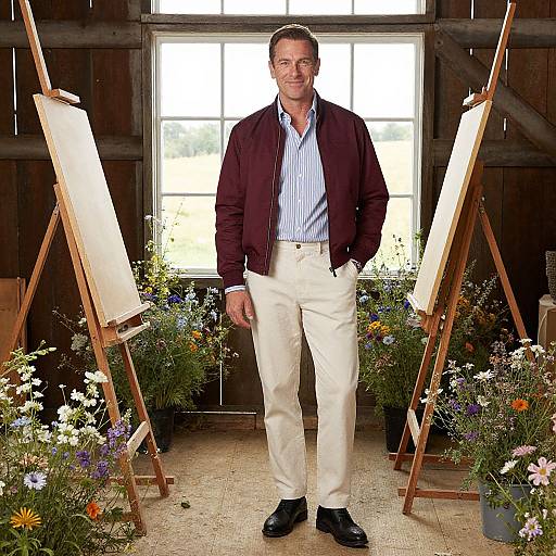 Photograph of a middle-aged man in a maroon blazer, blue striped shirt, and white pants, standing between two easels in a flower