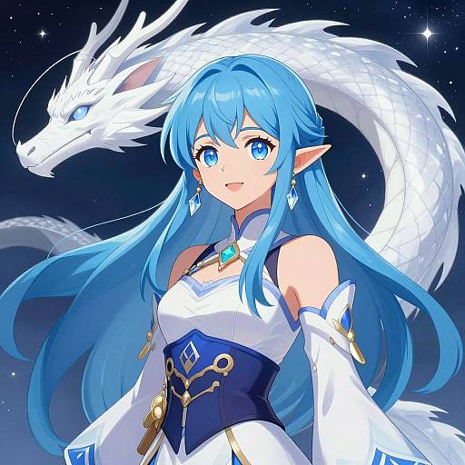 Digital anime-style artwork of a blue-haired elf girl with pointed ears, wearing a white and blue fantasy outfit, accompanied by a white dragon in a star