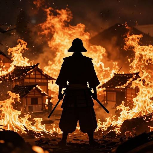Silhouetted Samurai by Burning Village
