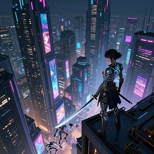 Digital anime artwork: A futuristic cityscape at night with neon lights, a lone armored warrior with a sword stands on a rooftop, overlooking a bustling,