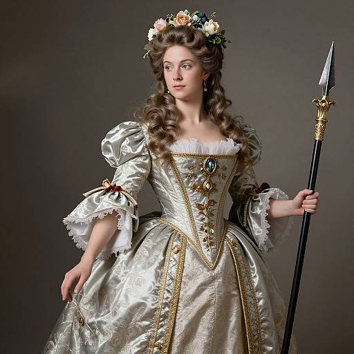 Photograph of a young woman in an elaborate, silver and gold baroque-style dress with lace trim, holding a spear, adorned with a floral crown