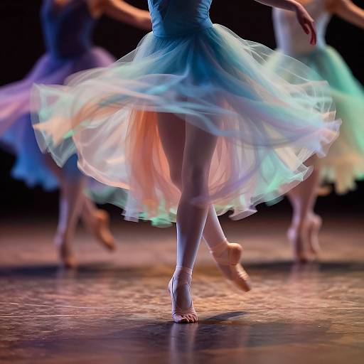 Photograph of ballet dancers in colorful, flowing tutus, bare feet, blurred motion, vibrant stage lighting, focusing on one dancer's skirt.