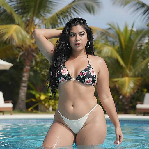 Curvy Latina Woman in Tropical Pool