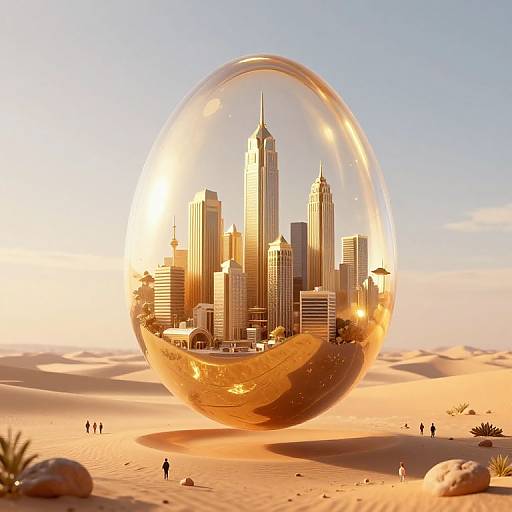 Photorealistic CGI: A transparent golden sphere encloses a mirrored skyscraper cityscape in a sunlit desert, with tiny figures scattered in the sandy