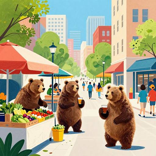Anthropomorphic Grizzlies in Vibrant City
