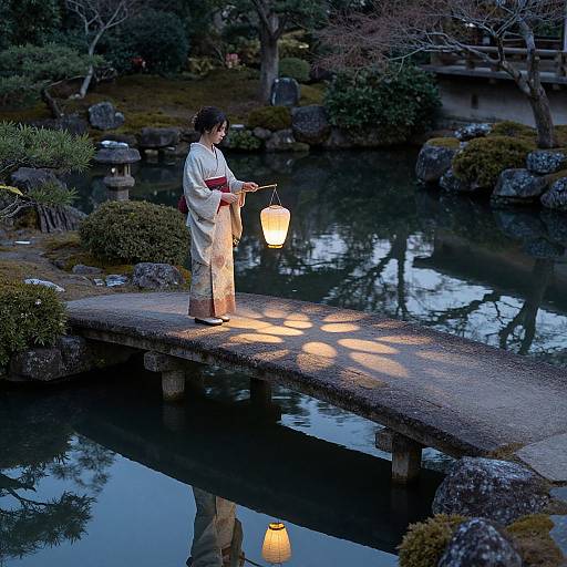 Photograph of a woman in a white kimono with red sash, holding a lantern, standing on a stone bridge over a reflective pond in a