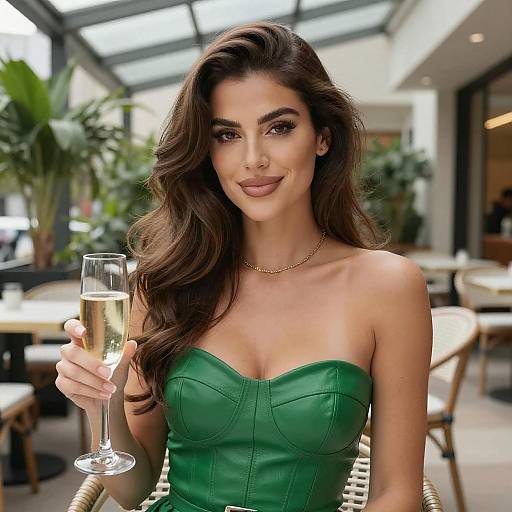 Confident Woman in Green Leather Top