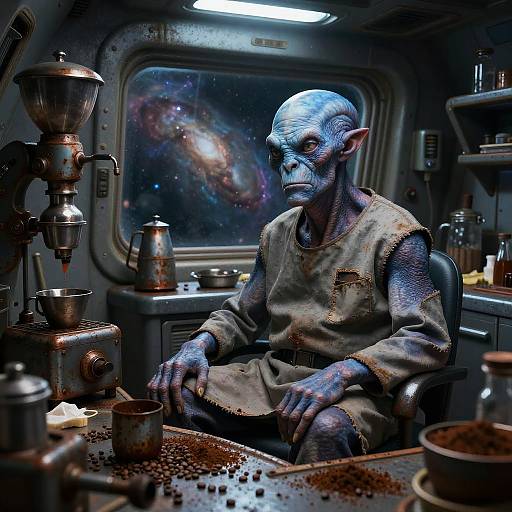 Elderly Blue Alien in Cluttered Spaceship Kitchen