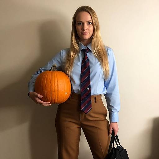 Blonde Woman Holding Pumpkin and Bag