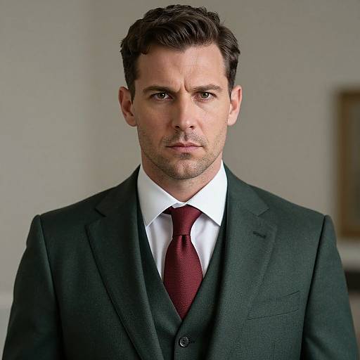 Photograph of a serious-looking, white male with short brown hair, wearing a dark green suit, white shirt, and maroon tie, against a
