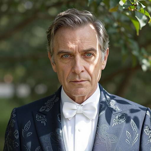 Photograph of an older man with gray hair, blue eyes, and fair skin, wearing a dark floral-patterned suit and white bow tie, standing
