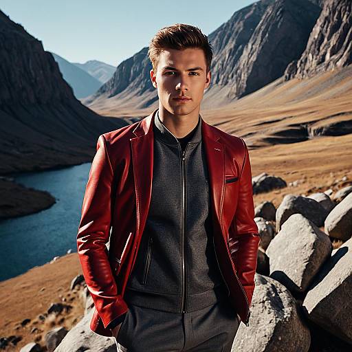 Young Man in Red Leather Jacket in Mountain Landscape