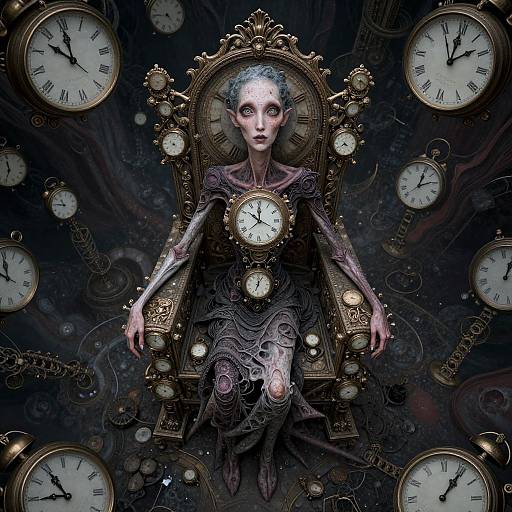 Digital art: Pale, eerie woman with intricate clockwork dress and large ornate clock throne surrounded by floating clocks in dark, steampunk-inspired background