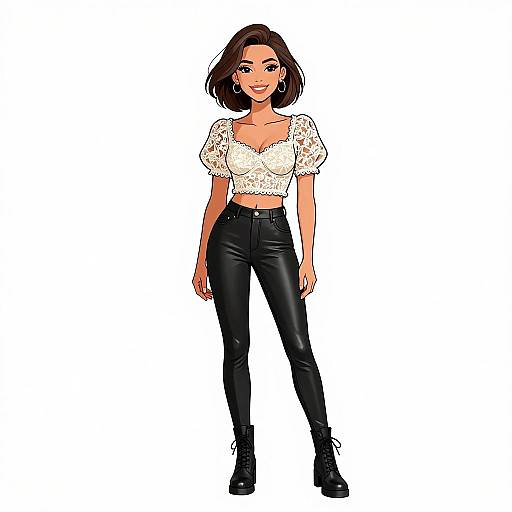 Digital illustration of a smiling, short-haired woman with medium brown skin, wearing a white lace crop top, black leather pants, and black boots, standing